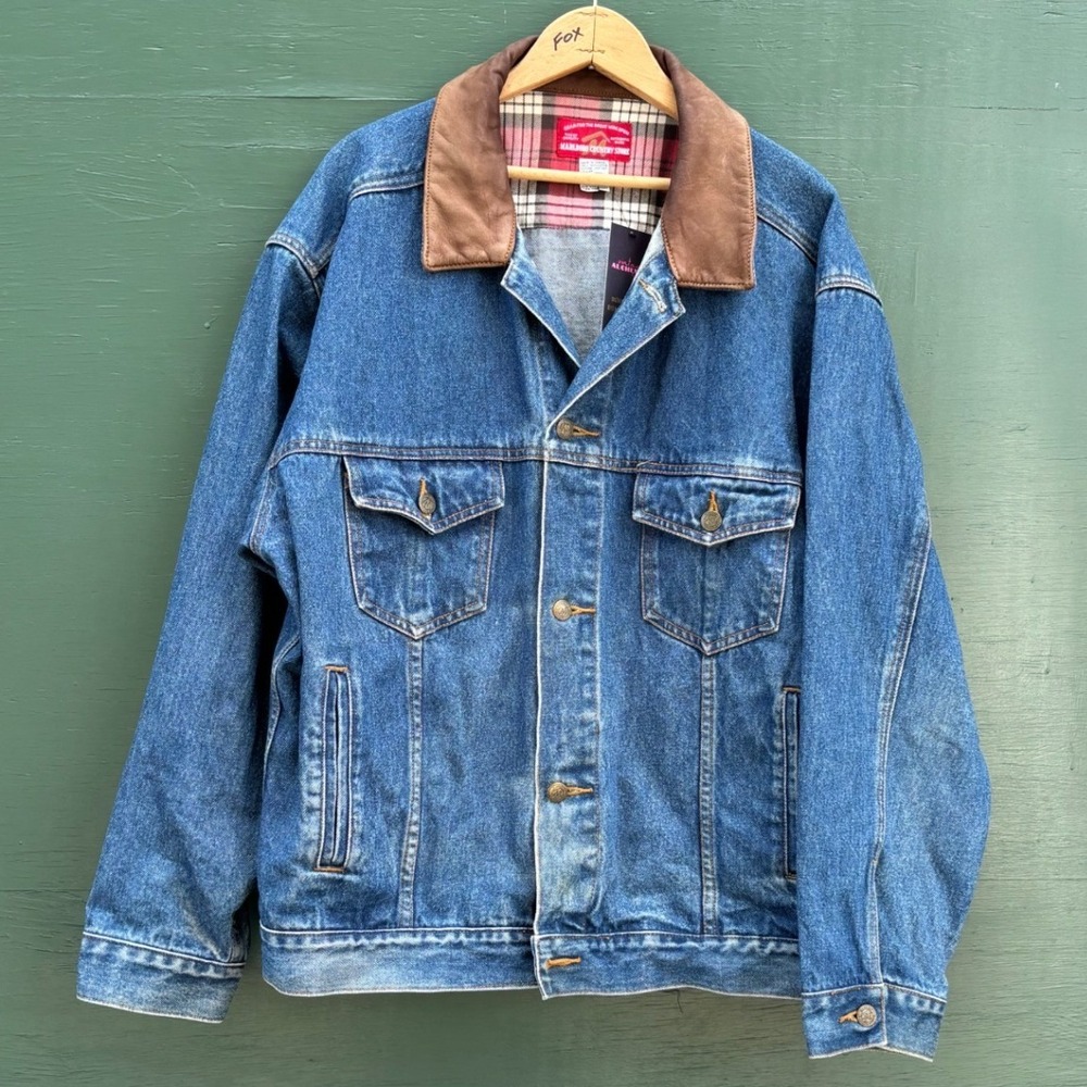 Marlboro Country Store Vintage Denim Trucker Jacket Leather Collar Flannel XL